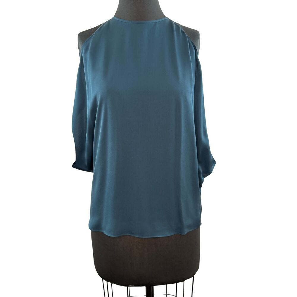 THEORY Dark Teal Blue Blouse Silk Round Neck Cutout Trapeze Party Size P